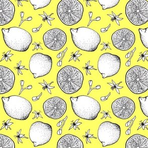 Retro lemons, slices of lemons, and flowers of the lemon tree on a yellow. 