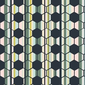 Midnight navy honeycomb pattern hexagon chicken wire floating above spring toned stripes of blush, sage, green and golden rod