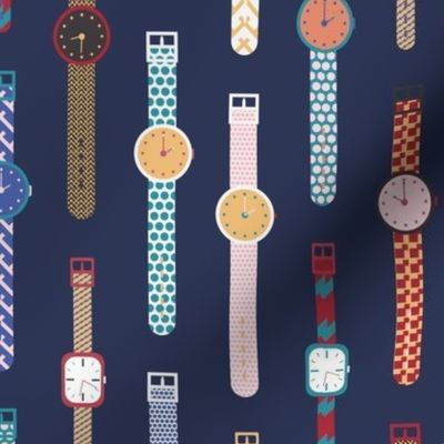 591 -  Large Jumbo scale Swiss Watch Time Travel Back to the 80s in navy, soft yellow, turquoise and berry mauve pinks - retro funky colorful watch pattern, for home decor, cute kids apparel, totes, bags and patchwork