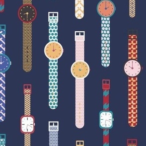 591 -  Large Jumbo scale Swiss Watch Time Travel Back to the 80s in navy, soft yellow, turquoise and berry mauve pinks - retro funky colorful watch pattern, for home decor, cute kids apparel, totes, bags and patchwork
