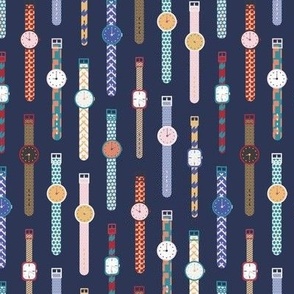 591 - $ Medium scale Swiss Watch Time Travel Back to the 80s in navy, soft yellow, turquoise and berry mauve pinks - retro funky colorful watch pattern, for home decor, cute kids apparel, totes, bags and patchwork