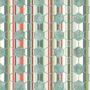 Stripe behind hexagon chicken wire green tones with coral accent 