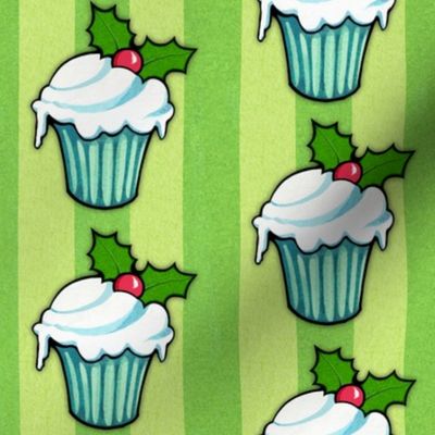 Christmas Holly Cupcake on Green Stripes