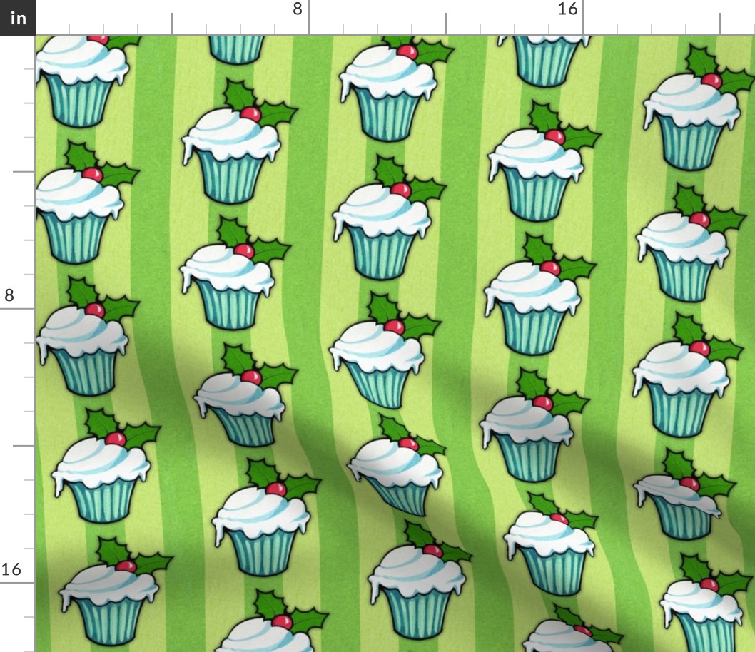 Christmas Holly Cupcake on Green Stripes