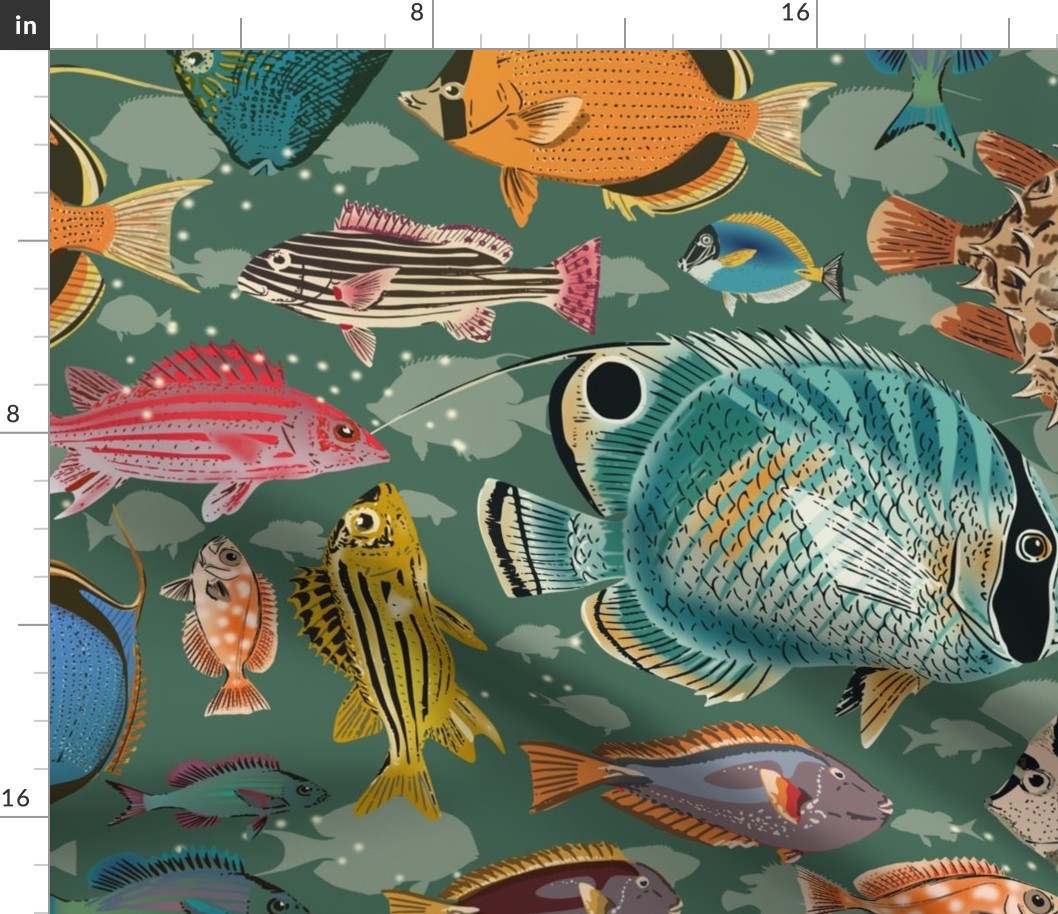 deep ocean fishes teal - L