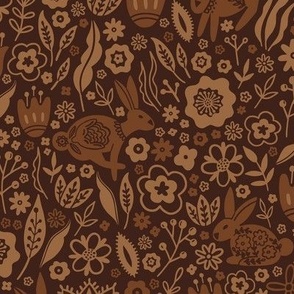 Folk art Bunnies on Flower Meadow - in brown earth tones on a dark brown background