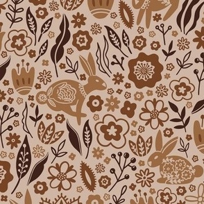 Folk art Bunnies on Flower Meadow - shades of brown on a sand background