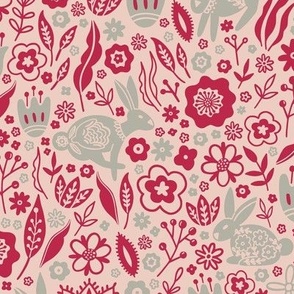 Folk art Bunnies on Flower Meadow in Viva Magenta and sage on a pink background