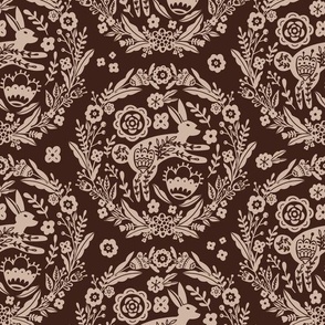 Folk Art Bunny and Floral Wreath in a light brown on a dark oak brown background