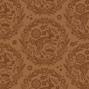 Folk Art Bunny and Floral Wreath in a earth brown on a light brown background