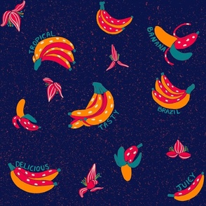 Tropical Ditsy | Bananas Fruit and Flowers | Magenta and Orange