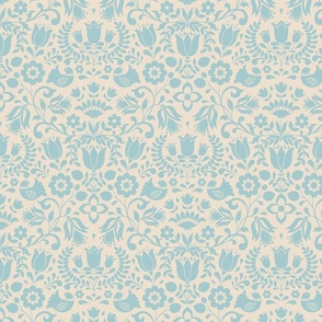 Folk Art Birds and Florals All Over Repeat - Powder Blue