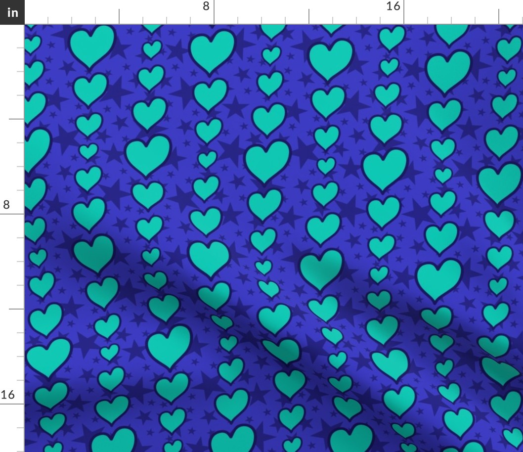 M - Blue Hearts & Stars – Bright Blue & Aqua Valentines Love Heart Stripe