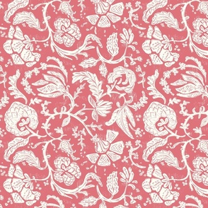 Block Print Indian Floral in Watermelon Pink 12 inch repeat