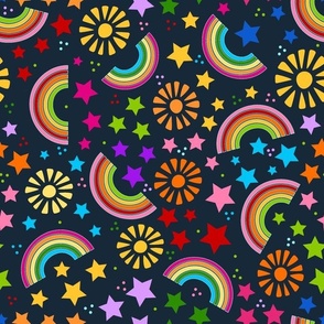 Large Scale Color Your World Rainbows Stars and Sunshine on Dark Navy