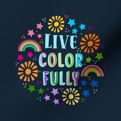 6" Circle Panel Live Color Fully Rainbows Stars and Sunshine on Dark Navy for Embroidery Hoop Projects and Quilt Squares
