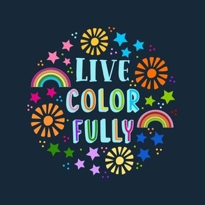 6" Circle Panel Live Color Fully Rainbows Stars and Sunshine on Dark Navy for Embroidery Hoop Projects and Quilt Squares