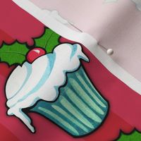 Christmas Holly Cupcake on Red Stripes