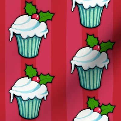 Christmas Holly Cupcake on Red Stripes