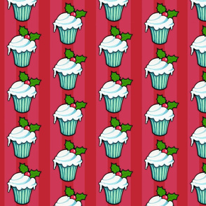 Christmas Holly Cupcake on Red Stripes