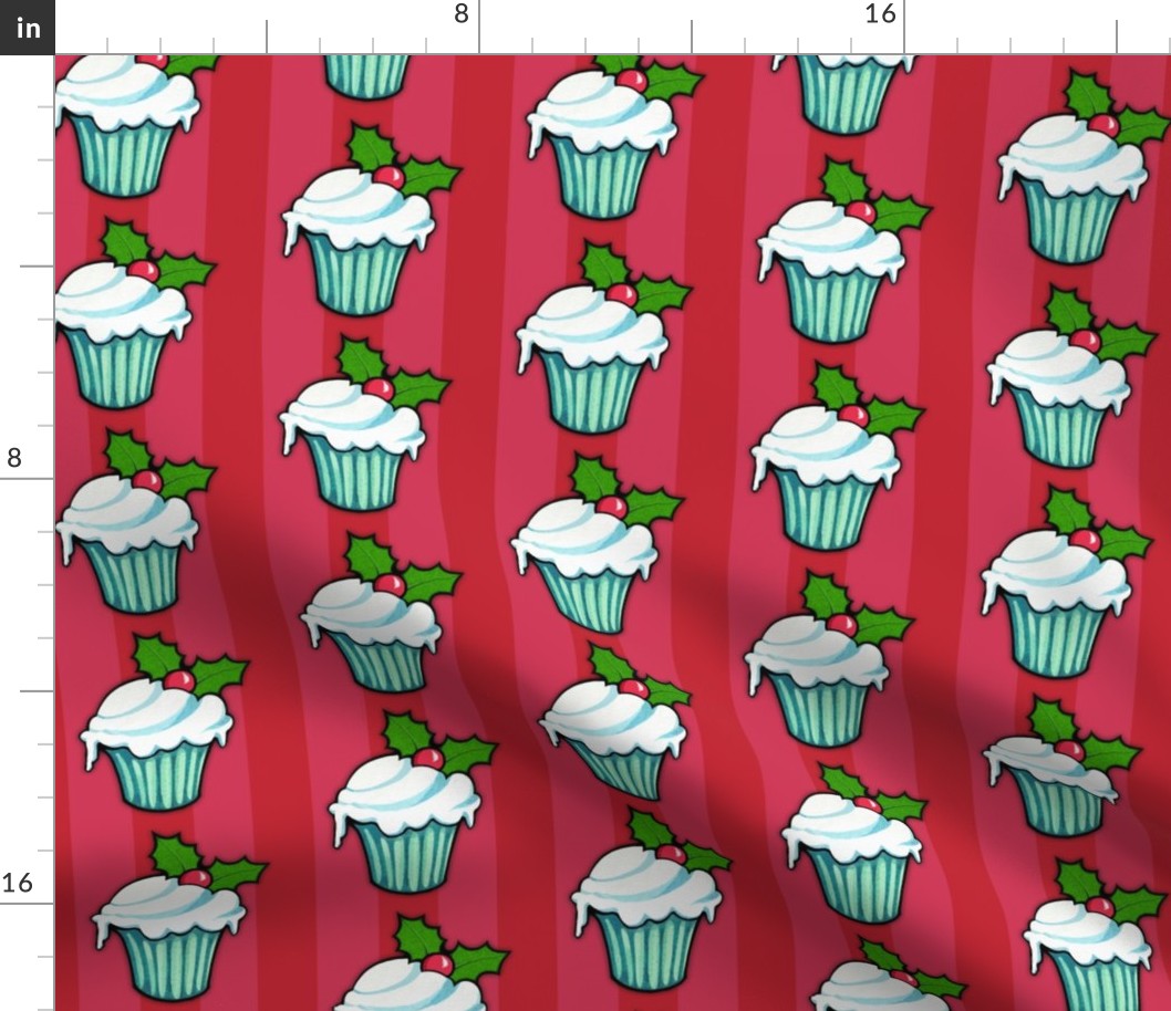 Christmas Holly Cupcake on Red Stripes