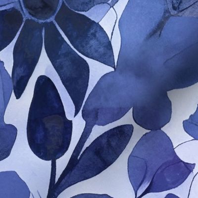 Abstract Watercolor Flower Pattern Indigo Blue