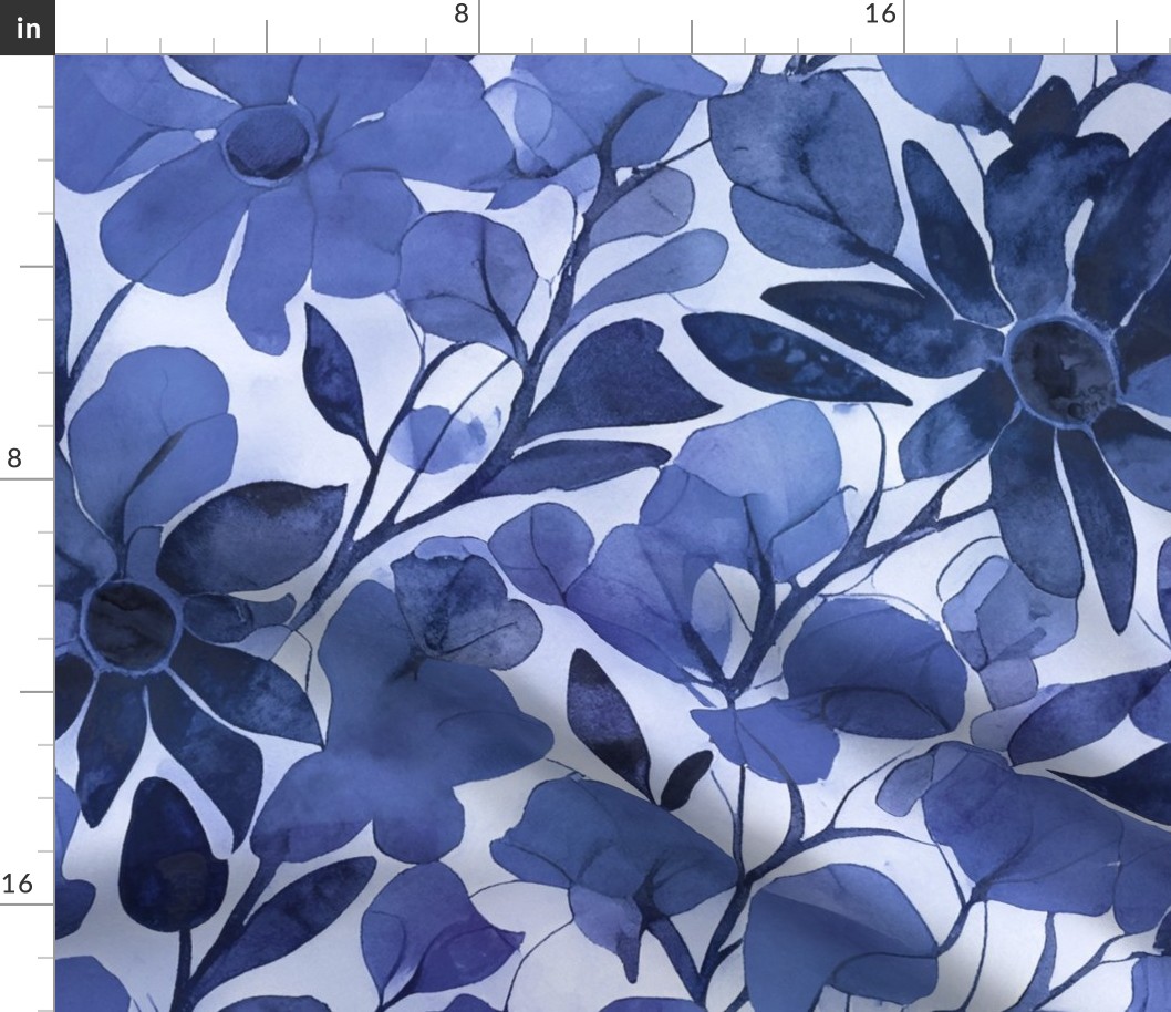 Abstract Watercolor Flower Pattern Indigo Blue