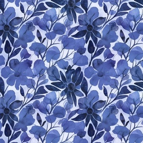 Abstract Watercolor Flower Pattern Indigo Blue Smaller Scale