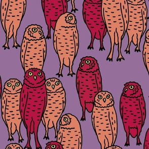 large - pink owls on purple