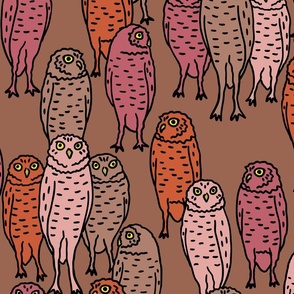 large - pink owls on terracotta