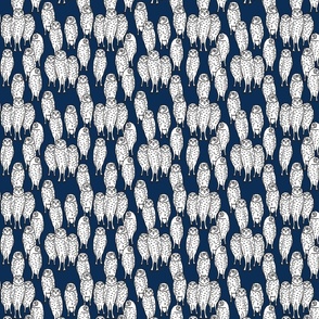 small - black and white owls on dark blue