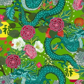 CHIANG MAI NEW LEAF GREEN AND EMERALD DRAGONS and watermelon flowers light side