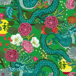 CHIANG MAI DARK LEAF GREEN AND EMERALD DRAGONS with matching colors and pop of fuschia