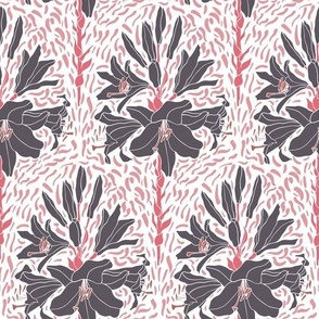 Hand drawn lily flowers with brush strokes. Pink gray colors