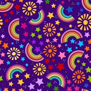Large Scale Color Your World Rainbows Stars and Sunshine on Purple