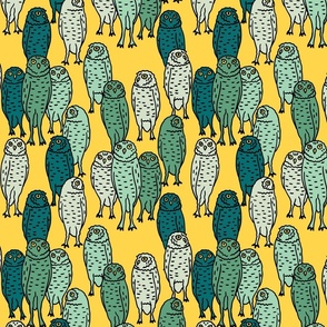 medium - turquoise owls on yellow