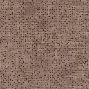 Sashiko Crosses in Warm Earth Tones | Hand stitched squares on taupe, Japanese sashiko stitching in dark oak on dark beige linen texture, boho kantha quilt, rustic square pattern in woodland neutrals.