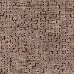 Sashiko Crosses in Warm Earth Tones (large scale) | Hand stitched squares on taupe, Japanese sashiko stitching in dark oak on dark beige linen texture, boho kantha quilt, rustic square pattern in woodland neutrals.