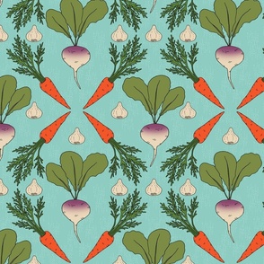 Kitchen Wallpaper:  Root Vegetables - Carrots, Turnips, and Garlic on Blue