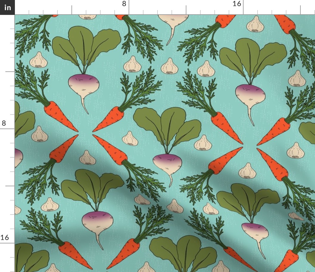 Kitchen Wallpaper:  Root Vegetables - Carrots, Turnips, and Garlic on Blue