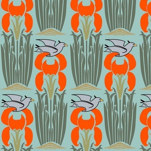  CFA Voysey Merle and Sea Orange Crab Bird Vintage Art Deco Art Nouveau on Teal