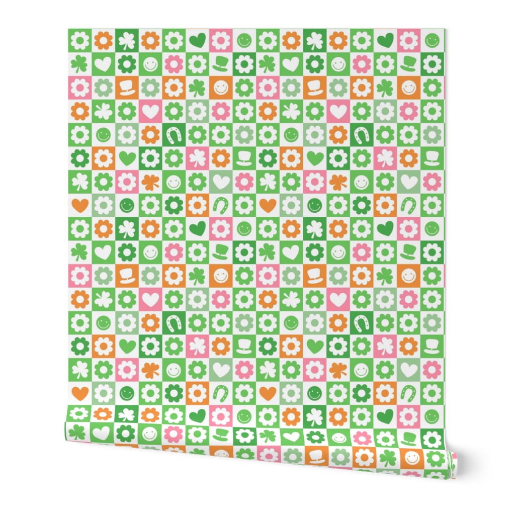 Groovy retro st Patrick's Day checker - nineties trend flower power shamrock and love irish folk design green pink orange