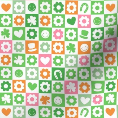 Groovy retro st Patrick's Day checker - nineties trend flower power shamrock and love irish folk design green pink orange