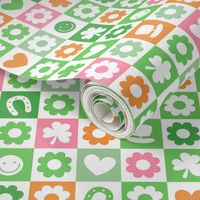 Groovy retro st Patrick's Day checker - nineties trend flower power shamrock and love irish folk design green pink orange