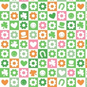 Groovy retro st Patrick's Day checker - nineties trend flower power shamrock and love irish folk design green pink orange