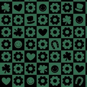 Groovy retro st Patrick's Day checker - nineties trend flower power shamrock and love irish folk design pine green black