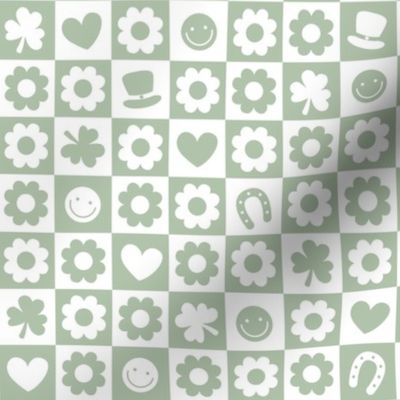 Groovy retro st Patrick's Day checker - nineties trend flower power shamrock and love irish folk design sage green white