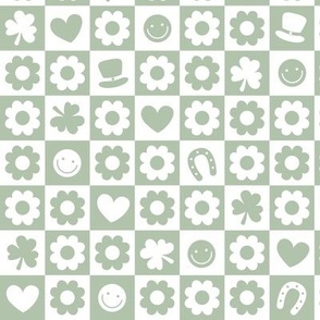 Groovy retro st Patrick's Day checker - nineties trend flower power shamrock and love irish folk design sage green white
