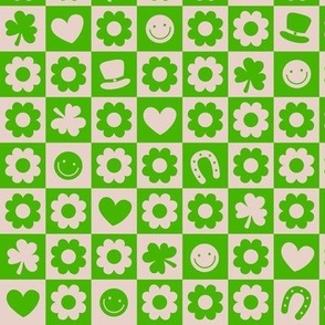 Groovy retro st Patrick's Day checker - nineties trend flower power shamrock and love irish folk design green sand