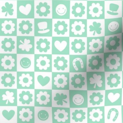 Groovy retro st Patrick's Day checker - nineties trend flower power shamrock and love irish folk design mint white